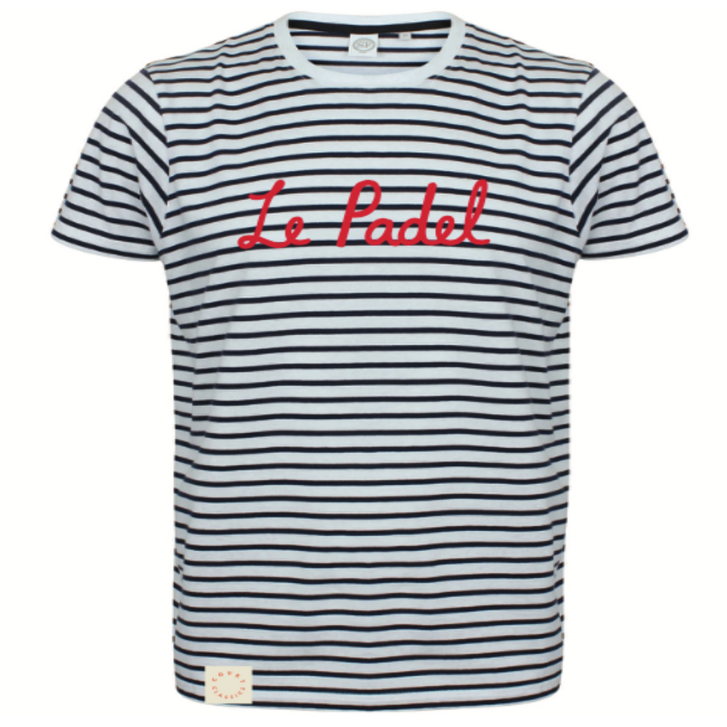 A short-sleeve crewneck t-shirt with horizontal navy and white stripes, featuring the word 'Le Padel' embroidered in red across the chest.