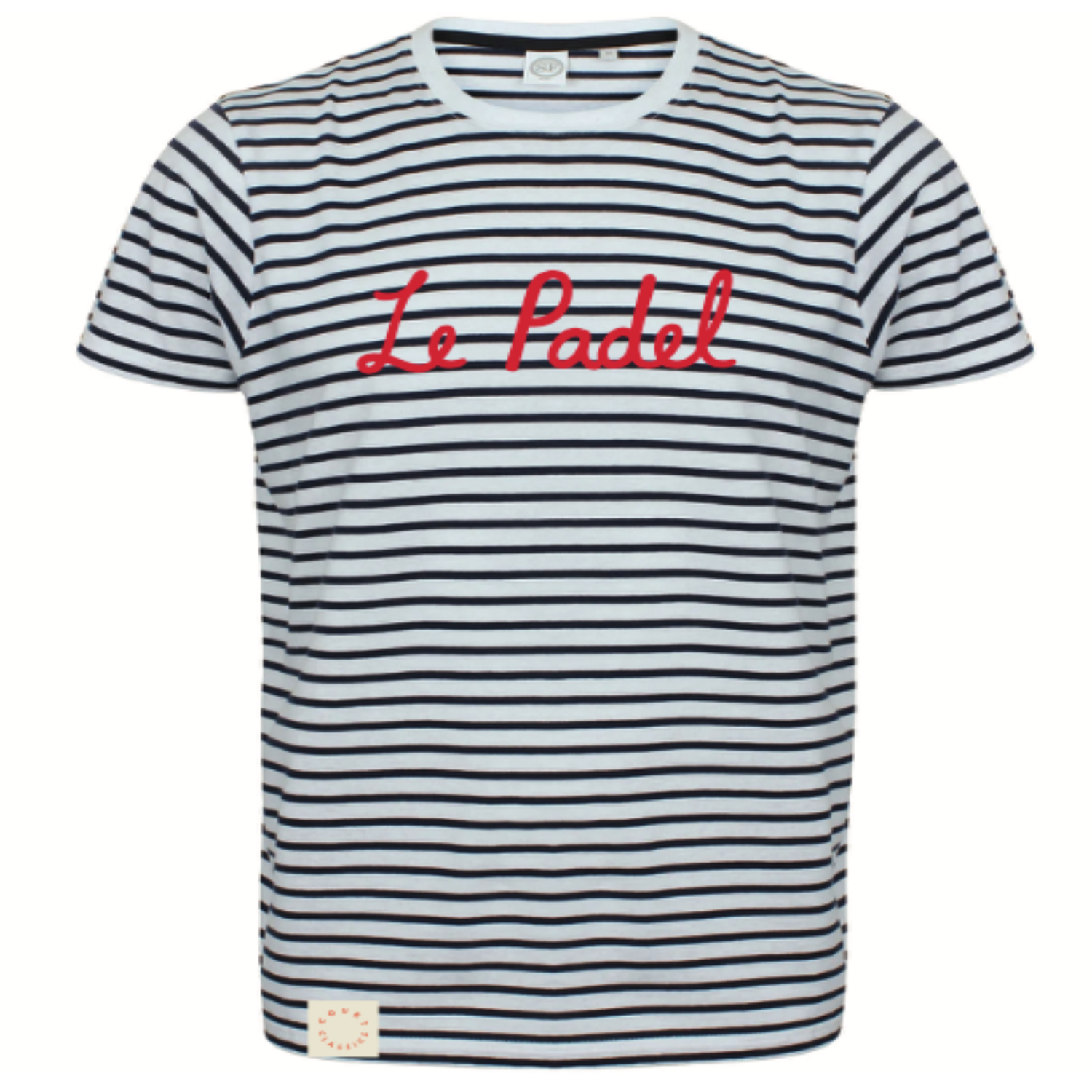 A short-sleeve crewneck t-shirt with horizontal navy and white stripes, featuring the word 'Le Padel' embroidered in red across the chest.