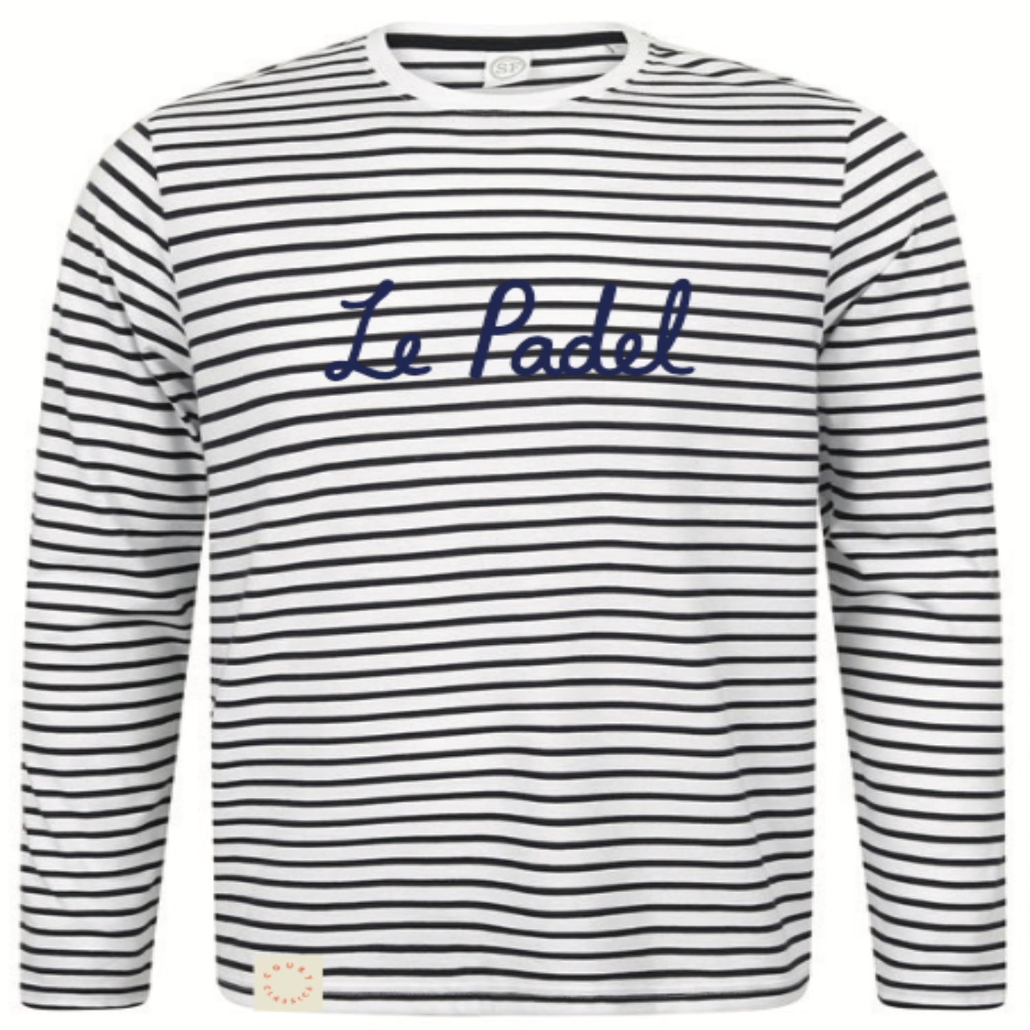 A long-sleeve crewneck shirt with horizontal navy and white stripes, featuring 'Le Padel' embroidered in navy script across the chest and a small beige patch on the bottom left hem.