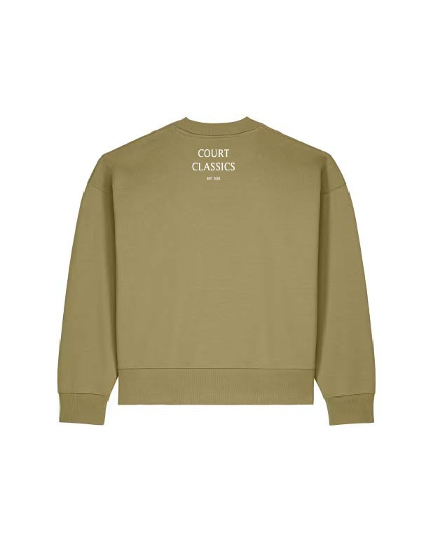 An olive green crewneck sweatshirt shown from the back, featuring the text 'COURT CLASSICS' printed in white on the upper back.