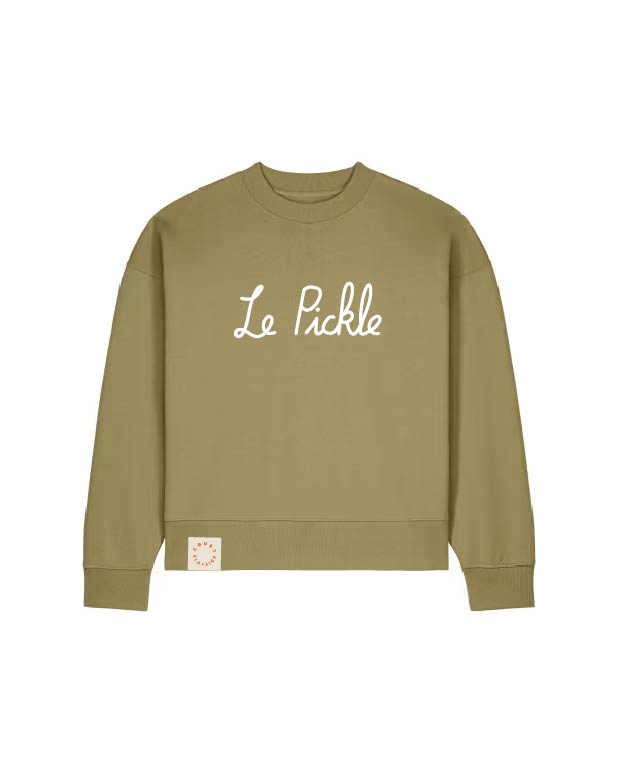An olive green crewneck sweatshirt with 'Le Pickle' written in white cursive across the chest, displayed on a clean white background.