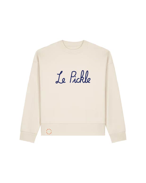 An off-white crewneck sweatshirt with 'Le Pickle' embroidered in navy blue script across the chest, displayed on a clean white background.