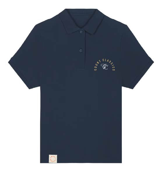 A navy blue short-sleeve polo shirt with a small gold embroidered logo on the left chest reading 'COURT CLASSIC' and a small beige patch near the bottom hem, shown on a plain white background.