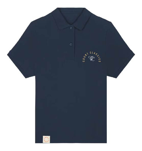 A navy blue short-sleeve polo shirt with a small gold embroidered logo on the left chest reading 'COURT CLASSIC' and a small beige patch near the bottom hem, shown on a plain white background.