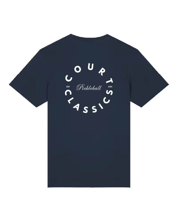 A navy blue short-sleeve t-shirt with a white circular graphic on the chest reading 'COURTS CLASSICS' and 'Pickleball' in the center, displayed against a plain white background.