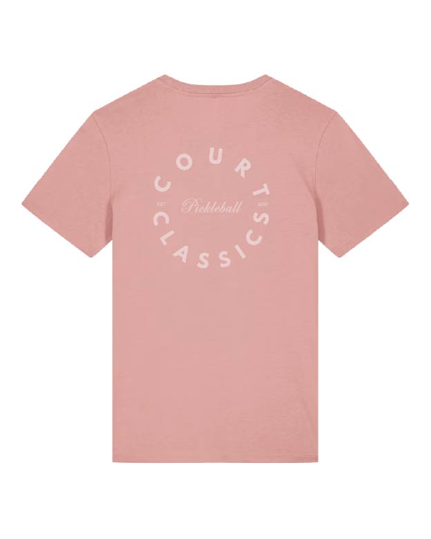 A dusty pink short-sleeve t-shirt shown from the back, featuring a white circular graphic that reads 'COURTS CLASSICS' with 'Basketball' in the center.