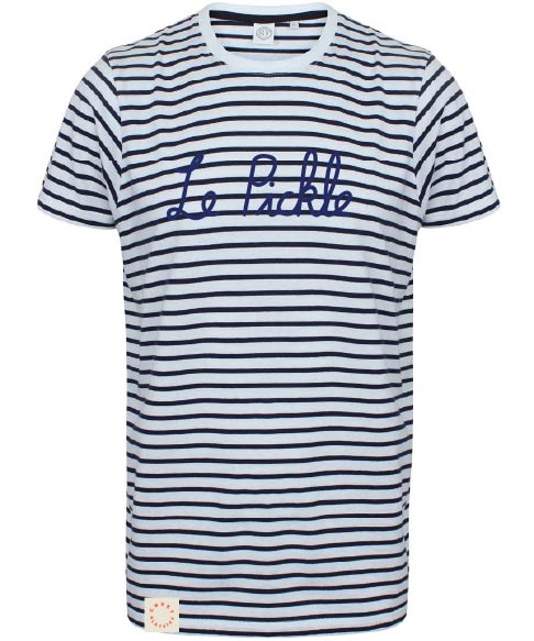 A short-sleeve crewneck t-shirt with navy blue and white horizontal stripes, featuring 'Le Pique' embroidered in navy blue script across the chest.
