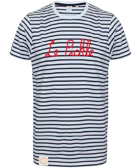 A short-sleeve crewneck t-shirt with navy and white horizontal stripes, featuring 'Le Picole' embroidered in red script across the chest and a small circular patch near the bottom hem.