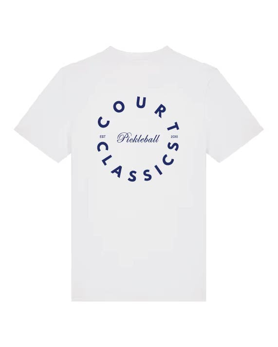 A white short-sleeve crewneck t-shirt featuring a navy blue circular graphic on the back that reads 'COURTS CLASSICS' with 'Pickleball' written in the center.