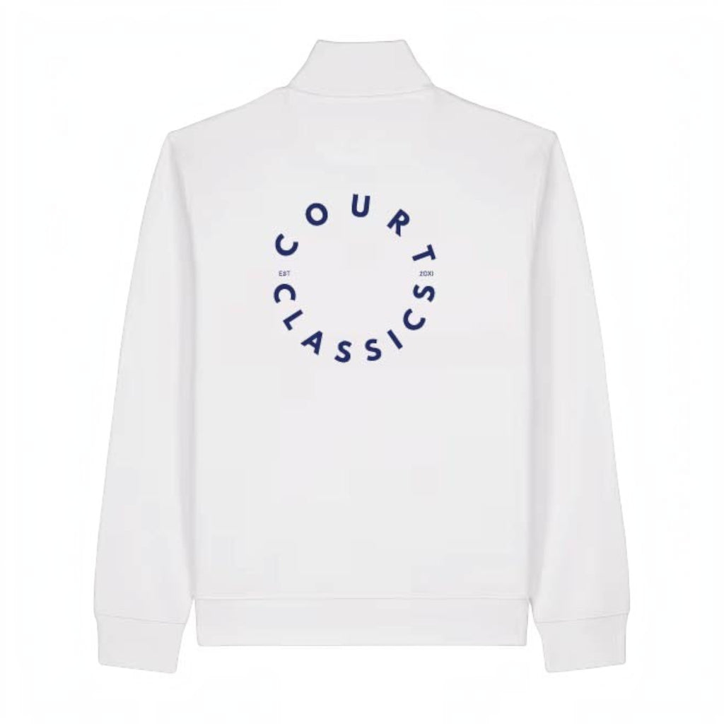 White long-sleeve mock neck sweatshirt shown from the back, featuring a navy blue circular graphic that reads 'COURTS OF CLASSICS' on the upper back.