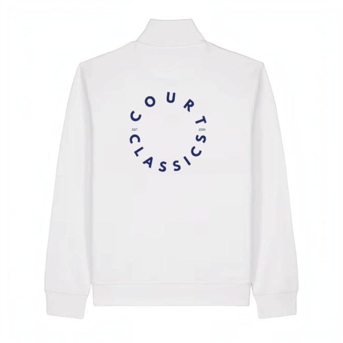 White long-sleeve mock neck sweatshirt shown from the back, featuring a navy blue circular graphic that reads 'COURTS OF CLASSICS' on the upper back.