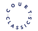 A circular graphic arrangement of the words 'COURT CLASSICS' in dark navy blue lettering on a plain white background, with small text reading 'EST 20X1' near the left and right sides.